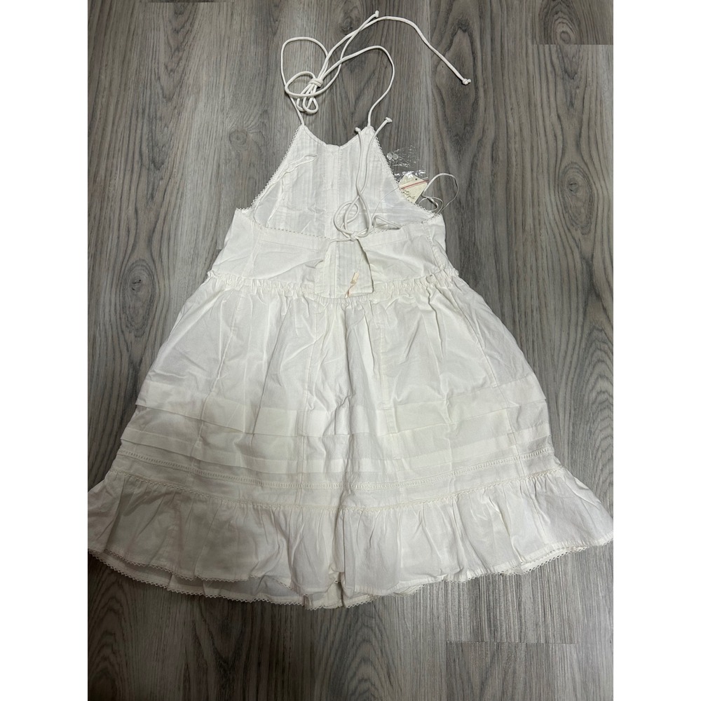 Free People White Cotton Halter Mini Dress Boho Pintuck Lace Trim XS NEW - Picture 7 of 8